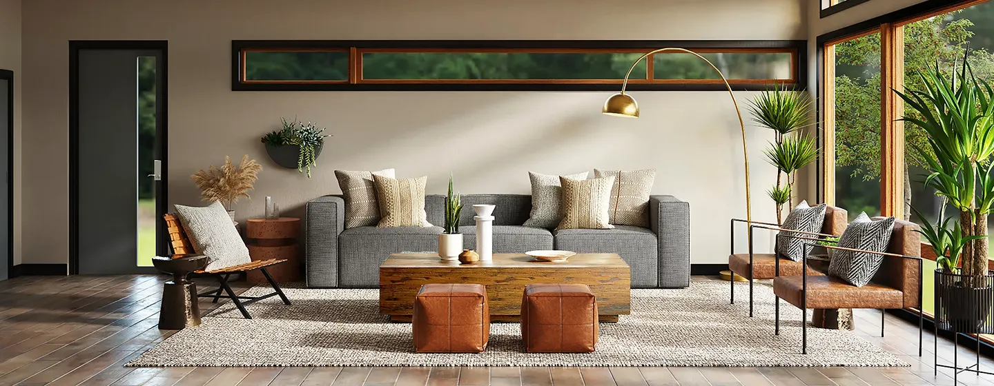 Ruang keluarga dengan sofa abu-abu, meja kayu, dan bukaan lebar ke taman